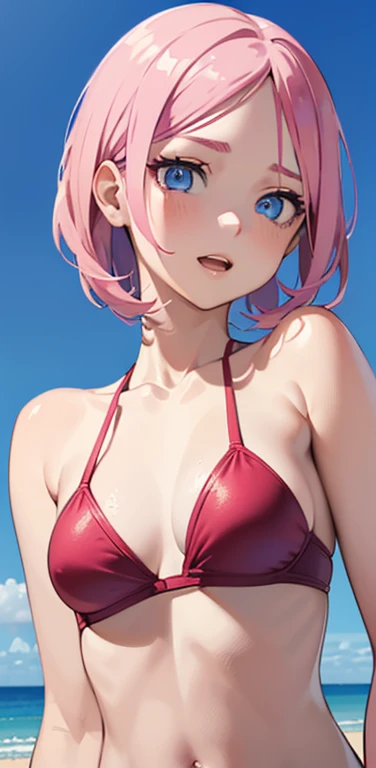 Realistic、1girl、pink hair、blue eyes、(eye focus:1.3,face focus:1.3,upper body:1.5),(gradient eyes:1.3),(red bikini)、open mouth,(smugness),forehead,cute face,portrait,beach、