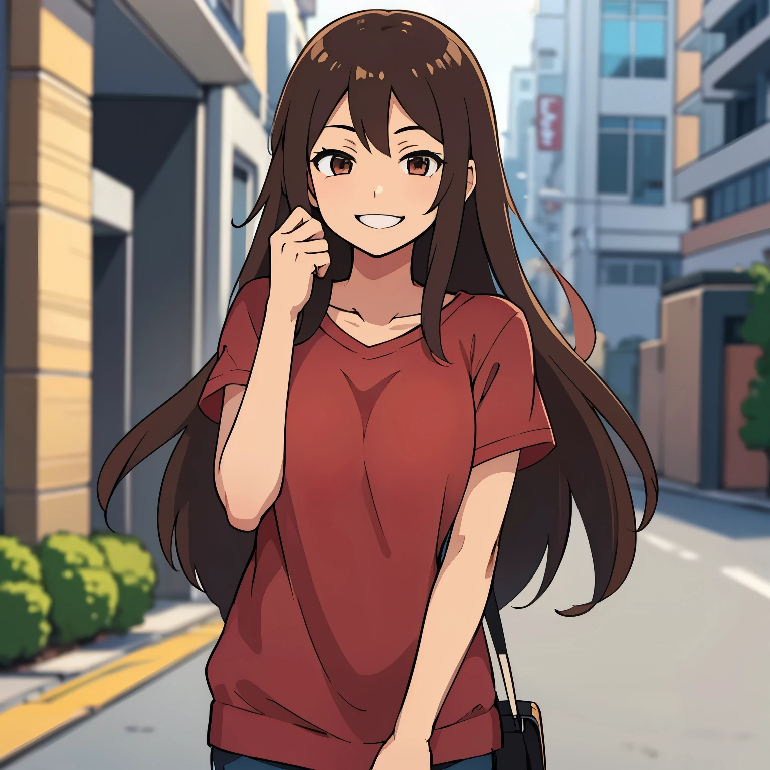 Anime illustration of a girl in casual clothes has long brown hair and smiles kindly 