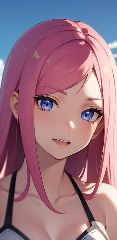 Realistic、1girl、pink hair、blue eyes、(eye focus:1.3,face focus:1.3,upper body:1.5),(gradient eyes:1.3),(red bikini)、open mouth,(smugness:1.3),forehead,cute face,portrait,beach、