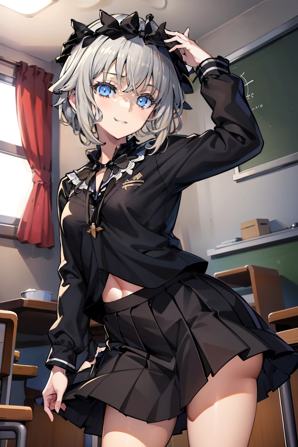 1girl, masterpiece, best quality, highly detailed, illustration, am isuel, classroom, standing, school uniform, serafuku, skirt, happy,