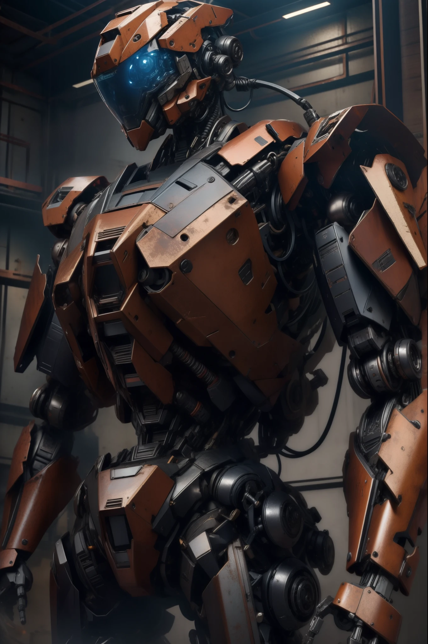 (Masterpiece, best quality), complicated details, photograph, realistic, unreal engine,
Mecha, humanoid robot, robot, robot joint, joint, helmet, armature, robot samurai, armatureแดงดำ, rust, abandoned warehouse, computer terminal, electric arc, SP3CT4, The atmosphere is gloomy.,