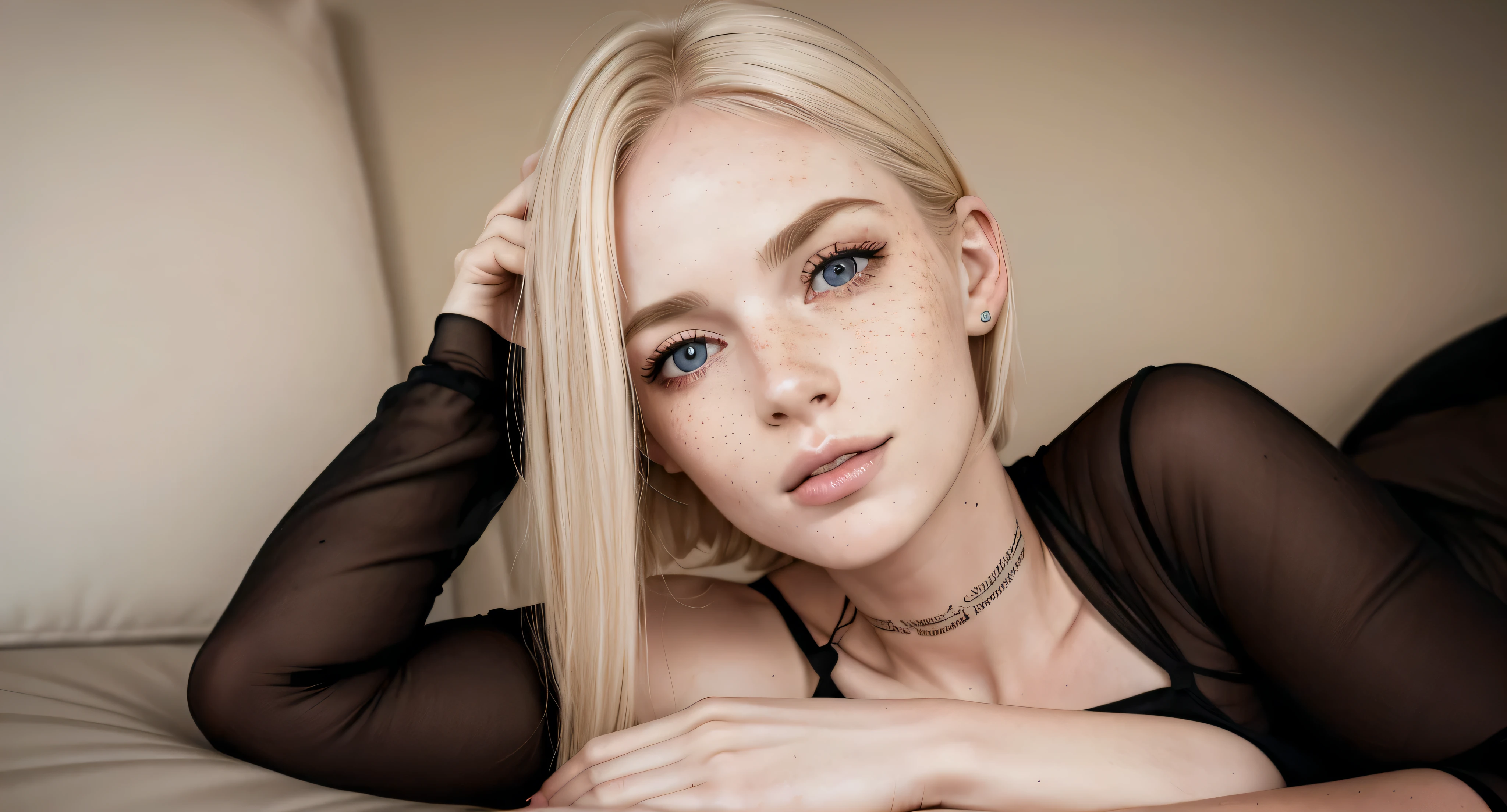 Rosto de uma mulher, americana, 25 anos, pale skin and freckles, olhos cinzas, nariz delicado, soft and delicate lips, cabelo blondie cinza longo e ondulado, ultrarrealista HD fotorrealista altamente renderizado sorriso cativante