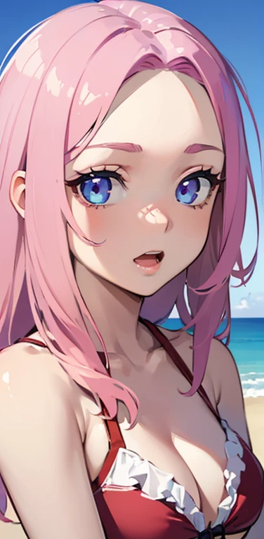 Realistic、1girl、pink hair、blue eyes、(eye focus:1.3,face focus:1.3,upper body:1.5),(gradient eyes:1.3),(red bikini)、open mouth,(drunk:1.3),forehead,cute face,portrait,beach、