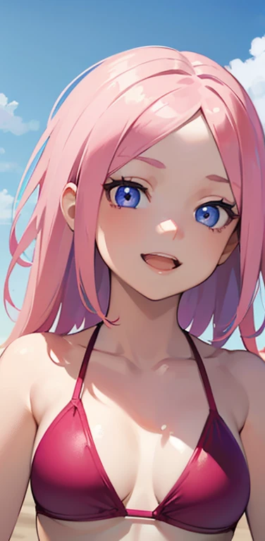 Realistic、1girl、pink hair、blue eyes、(eye focus:1.3,face focus:1.3,upper body:1.5),(gradient eyes:1.3),(red bikini)、open mouth,(drunk smile:1.3),forehead,cute face,portrait,beach、