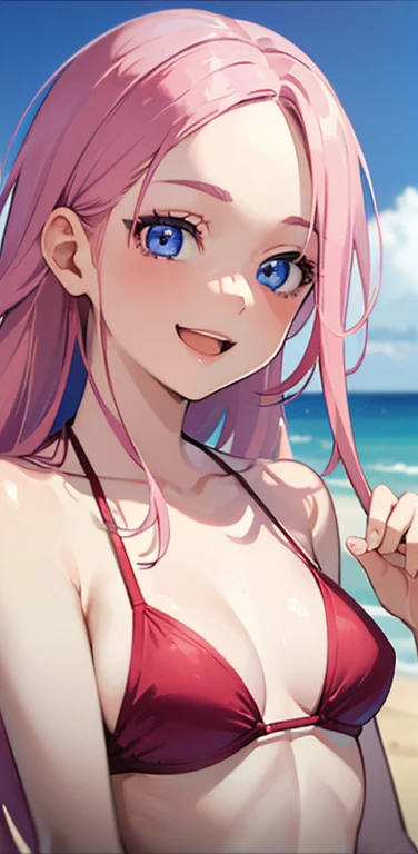 (NSFW:1.2),(Best Quality:1.5, hight resolution,masutepiece、high-level image quality, 4K, Detailed Lighting, Shaders),Fujitakana,Long hair,Pink hair,(The bikini:1.4),embarrassed、A smile、(the beach:1.4),1boy,(breast sucking:1.4)