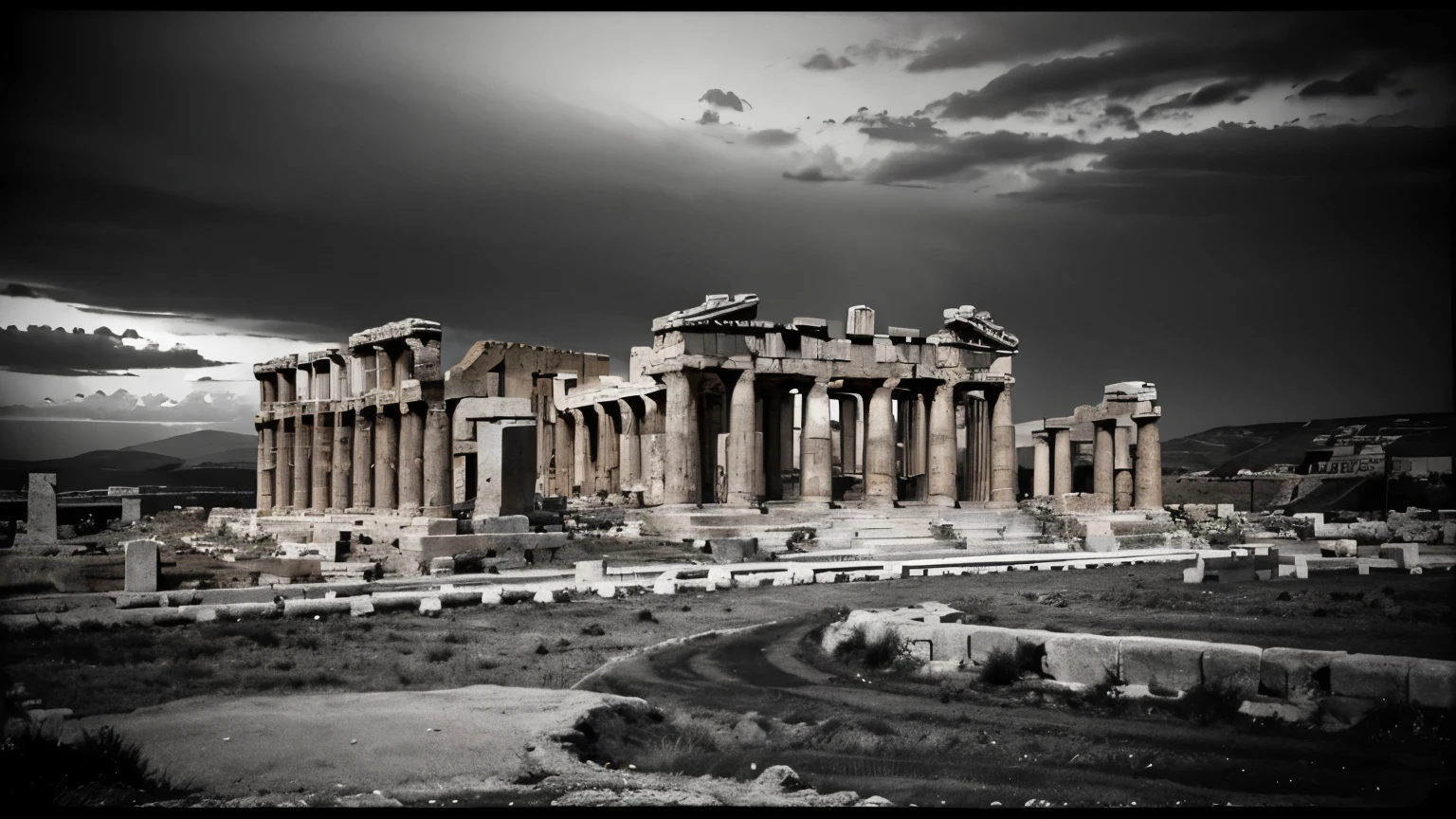 A dark landscape image of an ancient greek society deeply connected to stoicism, black and white, ancient greek architecture, no ruins, ancient greek people.