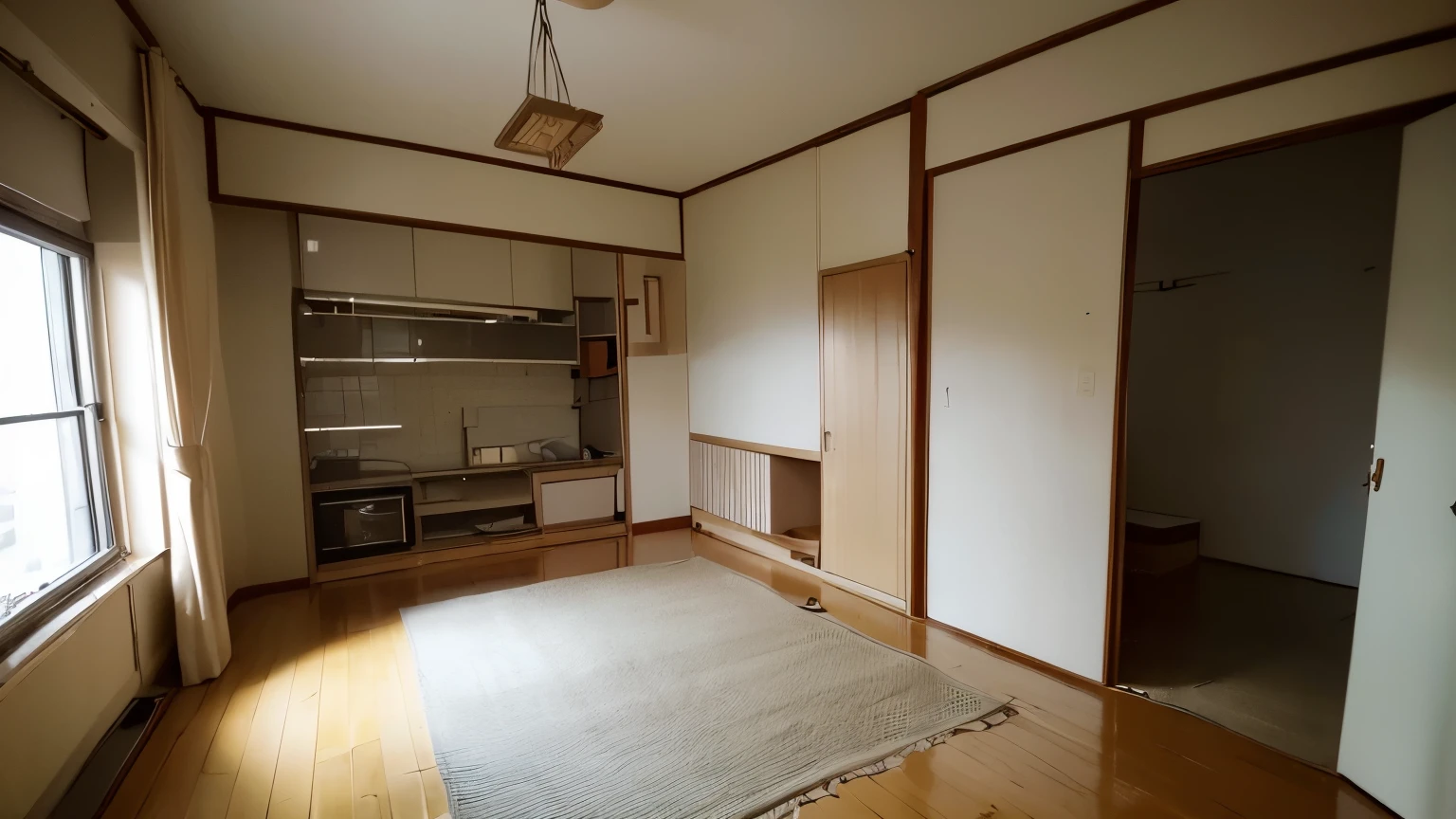 (best quality,highres:1.2),realistic,photorealistic:1.37,ultra-detailed,apartment interior,slightly cramped and slightly old,nostalgic living,empty room,calm atmosphere,lived-in feel,single-person living space,1980s Japan,room filled with nostalgia