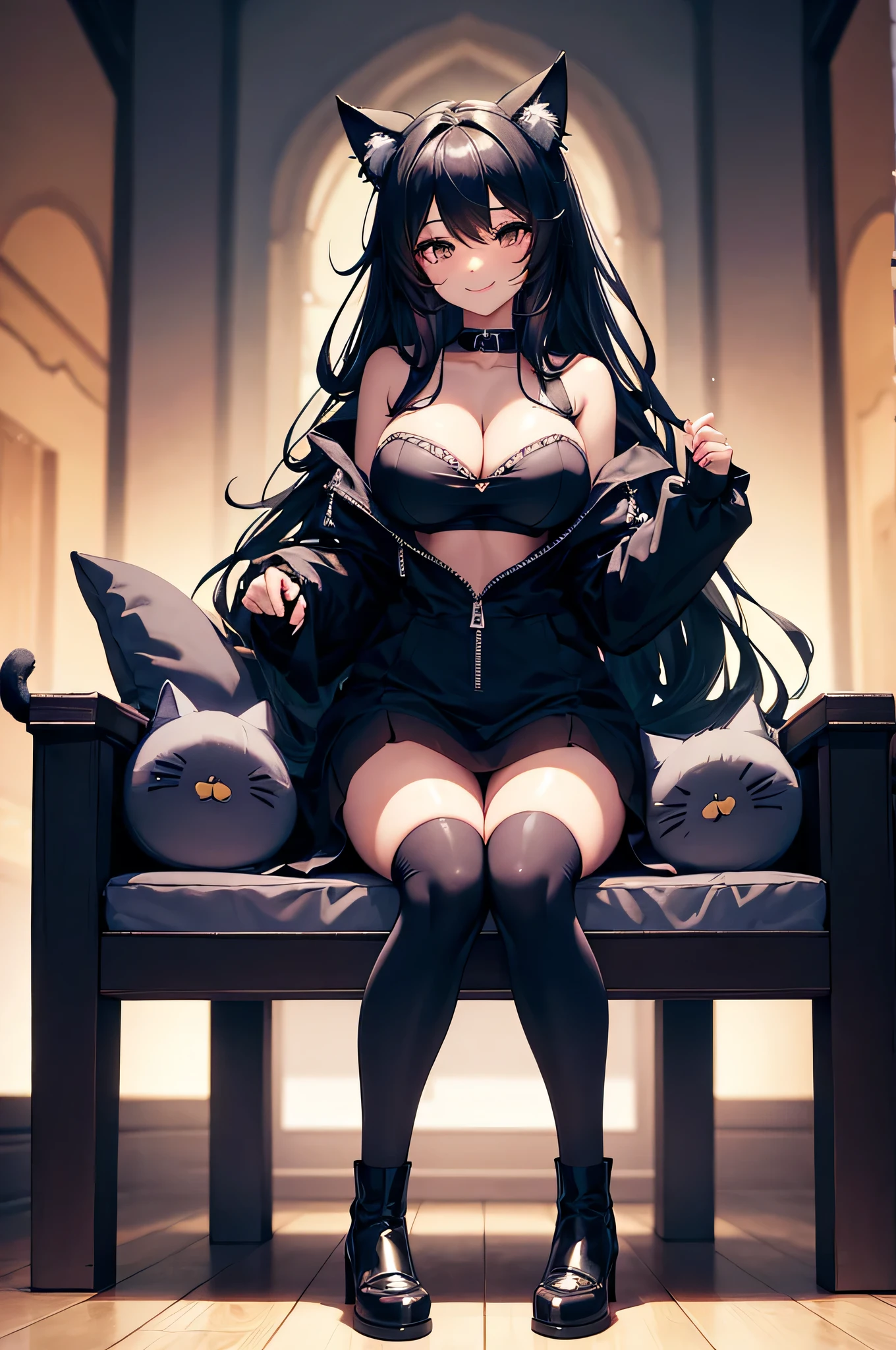 big breasts, erotic, cute smile, cat ears girl, Glamour, hoodie, (hairy eyes), black hairstyle, black eye, Height 156cm, Many cats are dancing in the background, young princess, sitting on a blue throne, 30 early s, with backlight, open chest, anime, short boots, high quality, High resolution