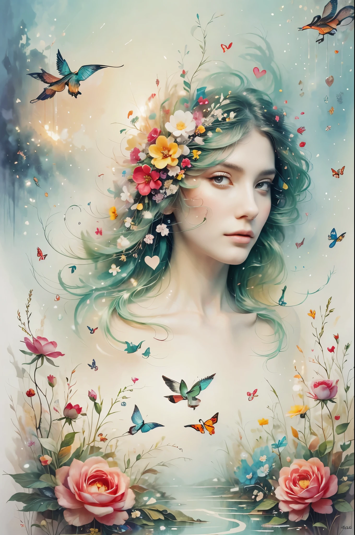 Psychedelic psychedelic artwork,Colorful birds and hearts, in core style, distorted image form, deep emerald and deep red, I can't believe how beautiful this is, precisionist lines, Mixes elements of reality and fantasy, Psychedelic pattern