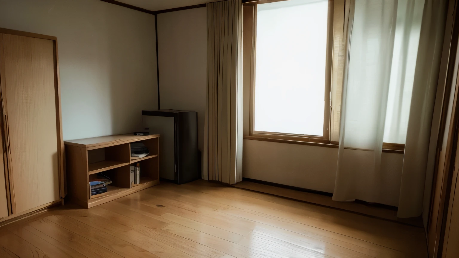 (best quality,highres:1.2),realistic,photorealistic:1.37,ultra-detailed,apartment interior,slightly cramped and slightly old,nostalgic living,empty room,calm atmosphere,lived-in feel,single-person living space,1980s Japan,room filled with nostalgia
