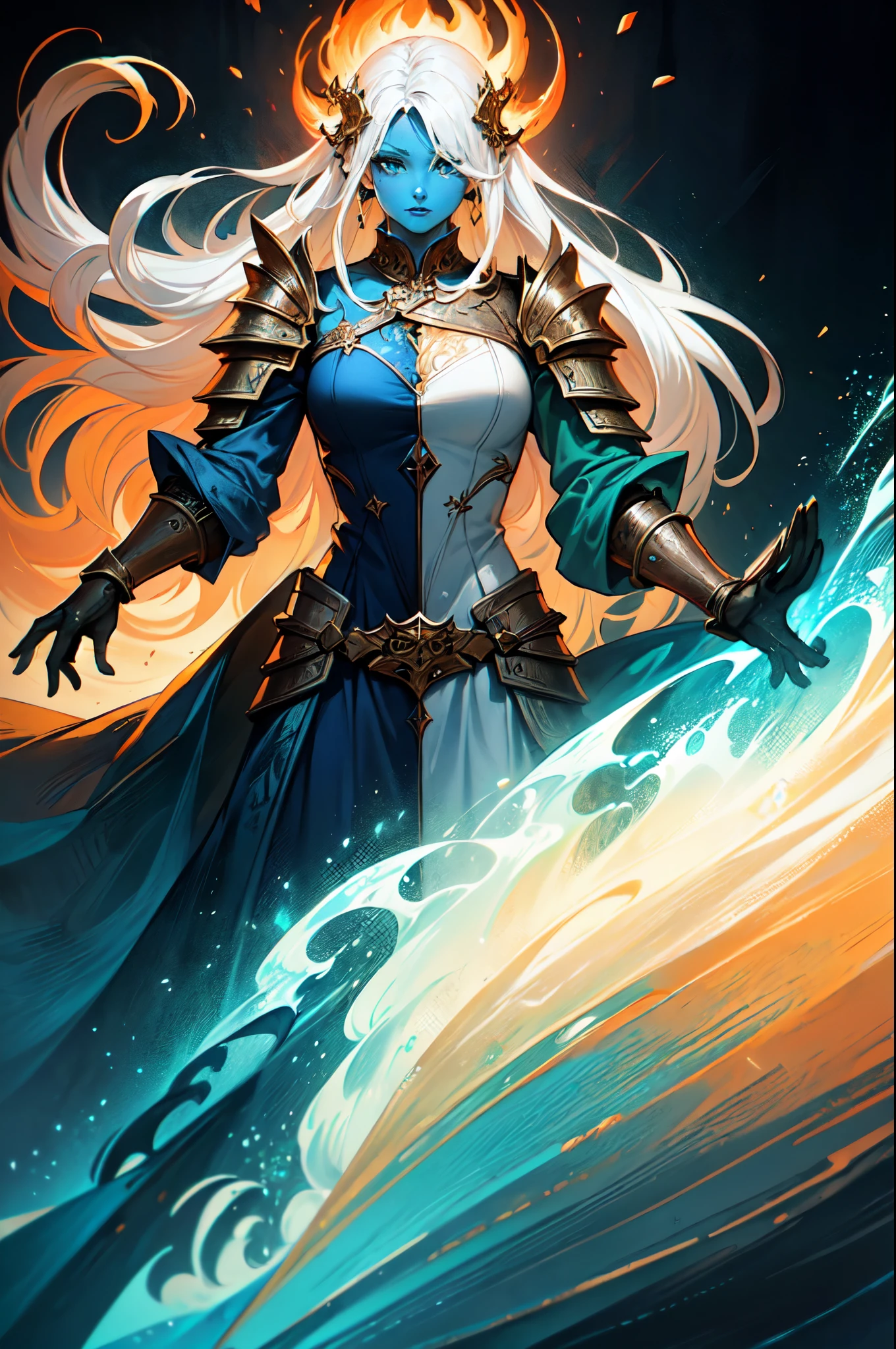 )fantasy art, dnd art, RPG art, wide shot, (masterpiece: 1.4) a (portrait: 1.3) intense details, highly detailed, photorealistic, best quality, highres, portrait a vedalken female (fantasy art, Masterpiece, best quality: 1.3) ((blue skin: 1.5)), intense details facial details, exquisite beauty, (fantasy art, Masterpiece, best quality) cleric, (blue colored skin: 1.5) 1person blue_skin, blue skinned female, (white hair: 1.3), long hair, intense green eye, fantasy art, Masterpiece, best quality) armed a fiery sword red fire, wearing heavy (white: 1.3) half plate mail armor, wearing high heeled laced boots, wearing an(orange :1.3) cloak, wearing glowing holy symbol GlowingRunes_yellow, within fantasy temple background, reflection light, high details, best quality, 16k, [ultra detailed], masterpiece, best quality, (extremely detailed), close up, ultra wide shot, photorealistic, RAW, fantasy art, dnd art, fantasy art, realistic art,((best quality)), ((masterpiece)), (detailed), perfect face