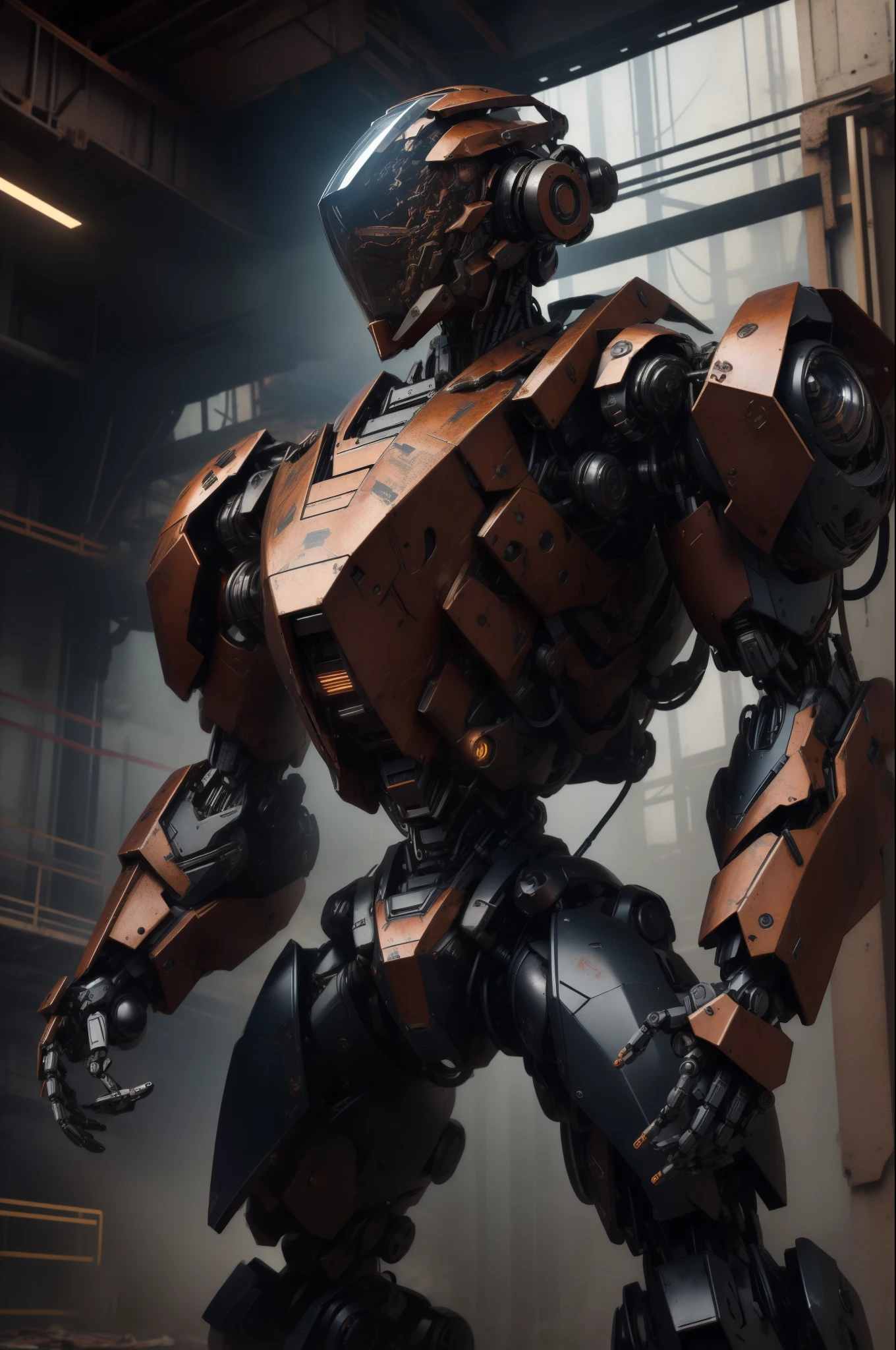 (Masterpiece, best quality),  complicated details, photograph, realistic, unreal engine, 
 Mecha,     humanoid robot, robot, robot joint, joint, helmet, armature, robot samurai, armatureแดงดำ, rust, abandoned warehouse, computer terminal, electric arc,  SP3CT4,  The atmosphere is gloomy., 