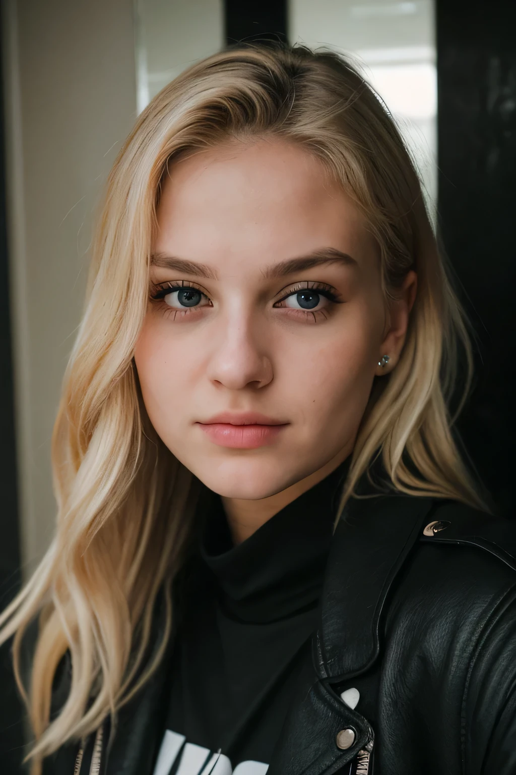 super cute blonde woman, 21 years old, analog style, RAW photo, photography, hyper photorealistic, A selfie of a woman in a black jacket in bathroom, detailed skin, soft natural raw light, highly detailed, best quality, ultra detailed, extremely detailed, taken from mobile camera