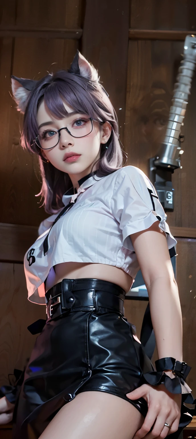 (巨作),estilo dos desenhos animados,ultra high-detail,Dressed in Red sabrina neck shirt,(Short ear-length hair:1.2),Large pale gray eyes,(Purple hair color+Pale pink rimmed glasses+Black card issue:1.4),Detailed depiction snap detail,The camera tilts slightly behind the character,Light dusk,Candy tones,Circular garland detail on top of figure,Look up into the distance,Campus buildings depicted in detail behind it。(Light Blue left pupil+Light Green Right Pupil eye color)