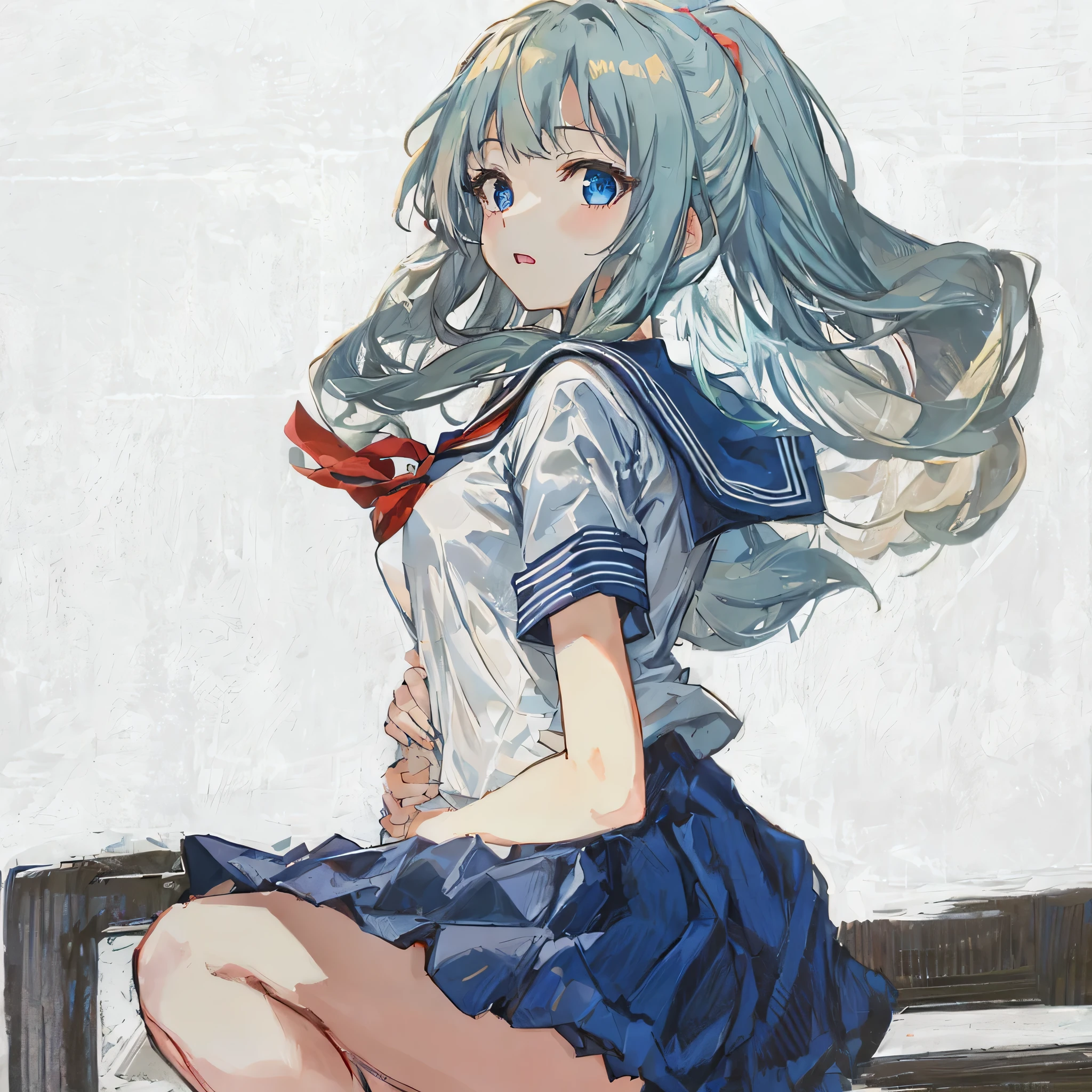 super detailed,masterpiece, highest quality,figure,sailor suit,slanted eyes,straight hair,blue hair,side part,super dense skin,beautiful and fine eyes,short sleeve shirt,blue eyes,(medium breasts:1.1), (A raised and well-defined bust:1.1), (lifted chest:1.2), (perky chest :1.1),high School girl,please sit down,high socks,loafers,School,BREAK catch light eyes,Wind,garden,ponytail