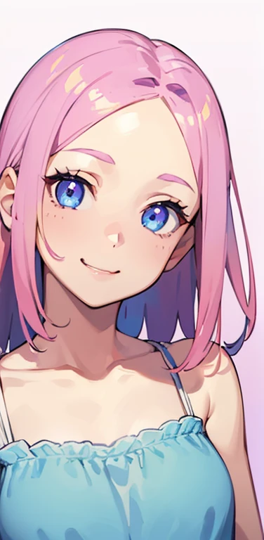 Realistic、1girl、pink hair、blue eyes、(eye focus:1.3,face focus:1.3,upper body:1.5),(gradient eyes:1.3),(camisole)、open mouth,(shy smile:1.3),forehead,cute face,portrait,beach、