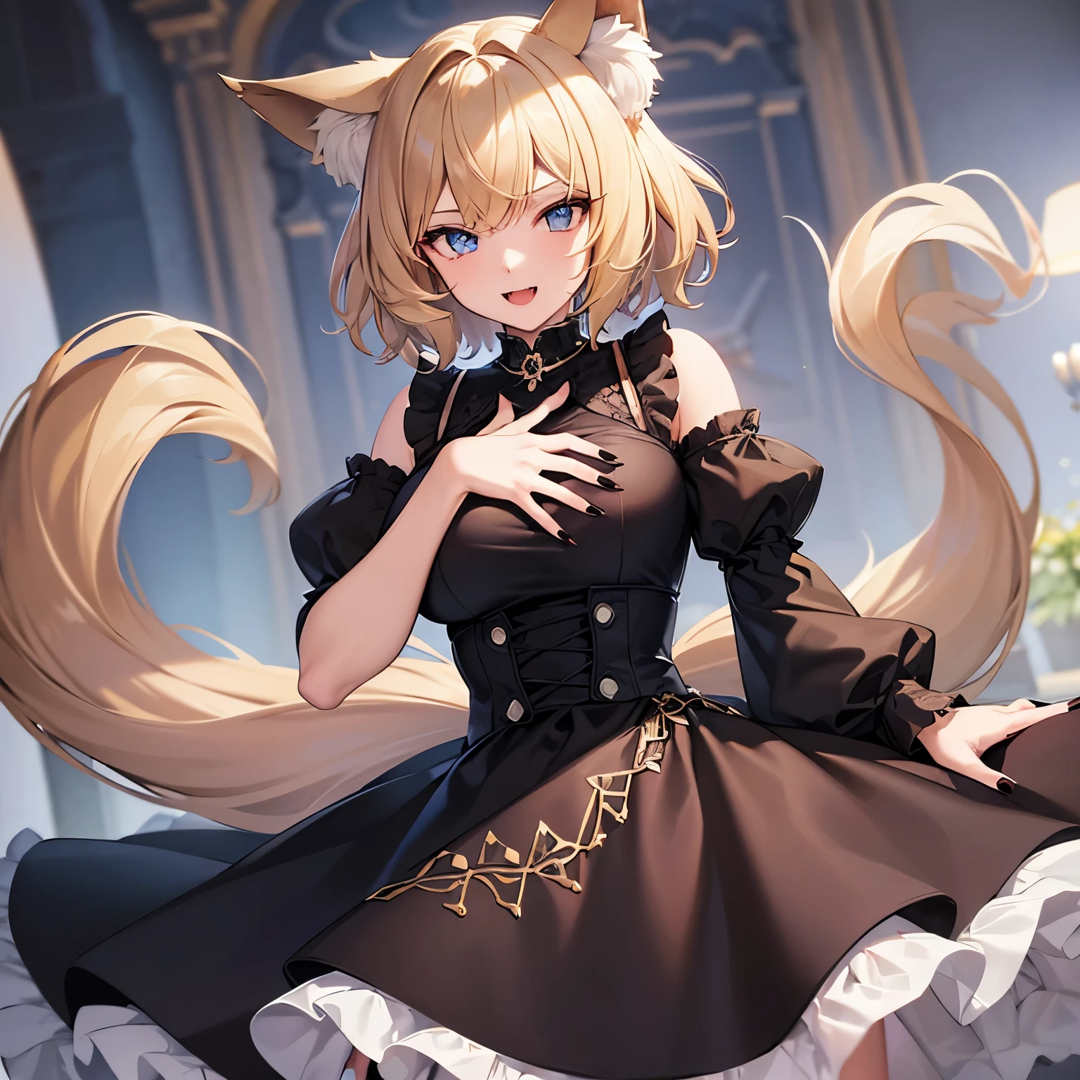 masterpiece, best quality, ultra-detailed, beautiful, 1girl, solo, wolf girl, wolf ears, wolf tail, blonde hair, short hair, fangs, blue eyes, vintage dress, sharp fingernails, black nails,