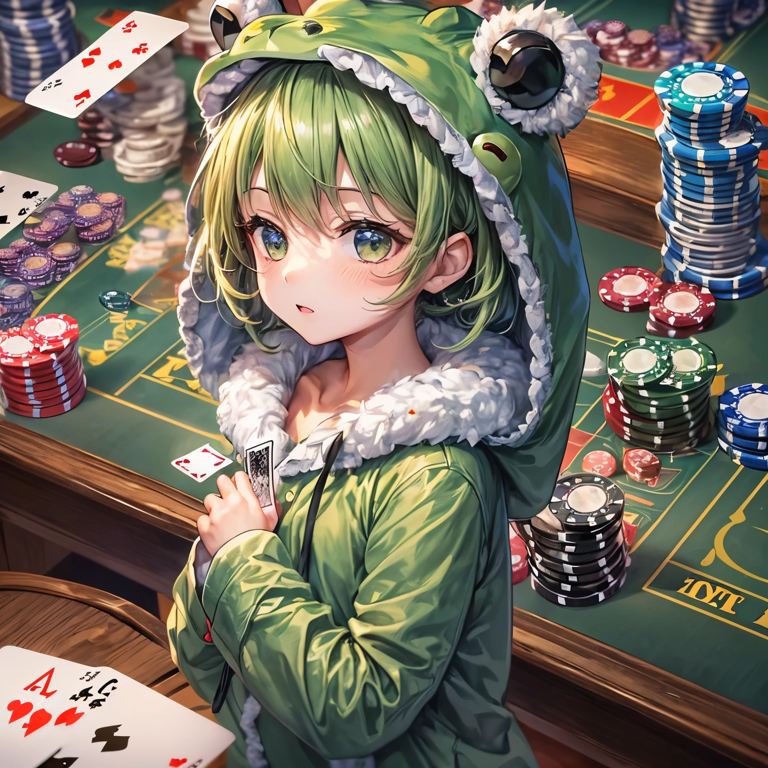 a bit, Nendoroid, ((worst quality, low quality)), ((close), profile,1.5 facing left), ( girl), green hair, (Fluffy frog costume pajamas:1.4), (open income:1.2), (Light green pajamas:1.4), Animal Hoodie, (hood up:1.under the hoodie, oversized hoodie, five fingers, perfect hands, playing cards, (舞い散るplaying cards:1.3), Casino scenery, highest quality,Super detailed, masterpiece,