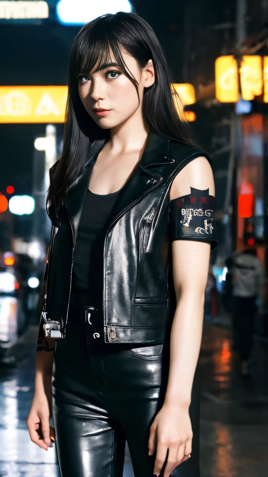 highest quality，masterpiece，Super detailed，8K, UHD，Beautiful woman，japanese woman，Expressionless，(Topless)，whole body，((tattoo))，slim，Black leather pants，black leather vest，(female mafia)，gangster，(cyberpunk city)，night，cinematic lightening，movie poster，underworld