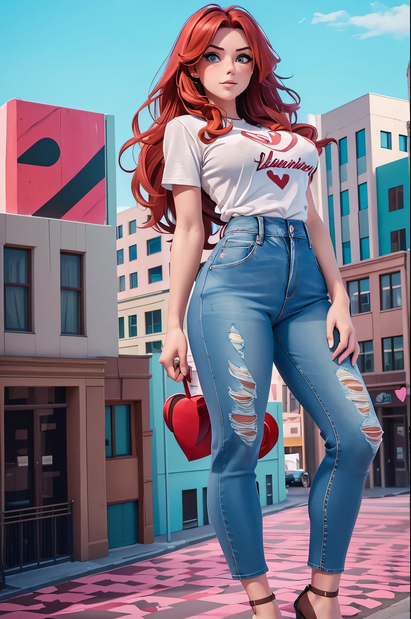 Giantess art, size art, (Attack of the 50 foot woman inspired), (8k, RAW photo, best quality, masterpiece:1.2), (intricate details), perfect eyes, perfect face, perfect lighting, beautiful, (masterpiece:1.2), (best quality:1.2), 1girl, solo, red hair, light freckles, green eyes, happy face, (massive H cup breasts), wide hips, extreme hourglass figure, Too Tall, ((((50 feet tall)))), long torso, (distressed jeans, t-shirt), full body, scenic outdoor photo, Towering over a small town, romantic vibe, pin up, 3DMM, ((((Valentines Day))))