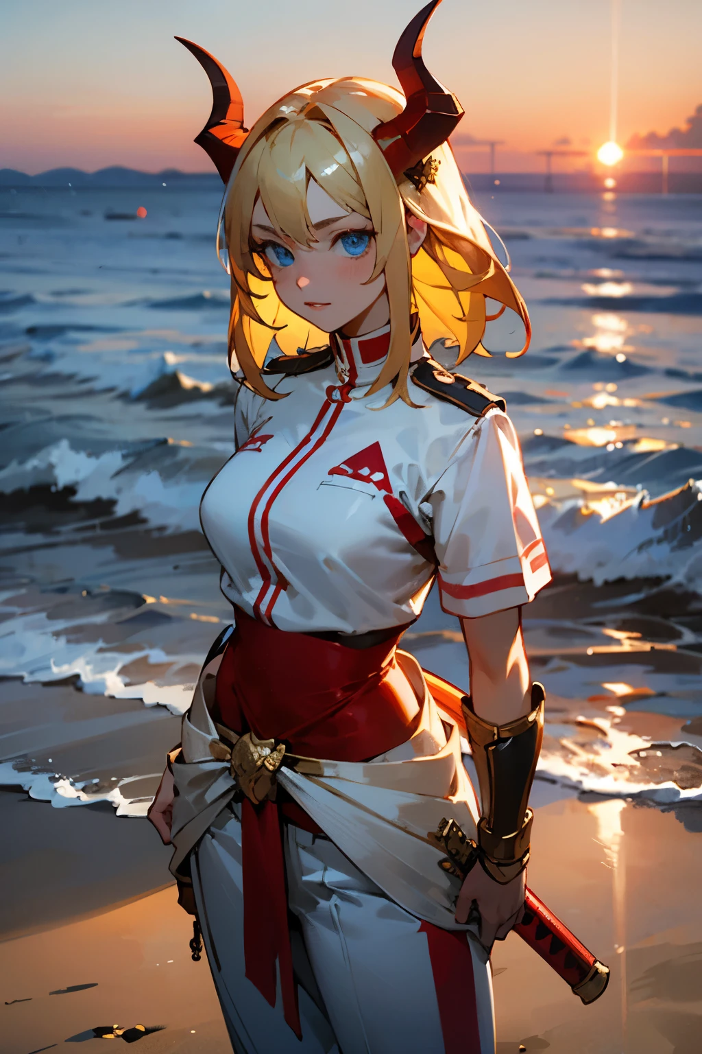 On the beach at sunset, a woman with blonde hair and blue eyes is wearing two red horns on her head, wearing a white uniform, and a gold and red sword sheath around her waist.
