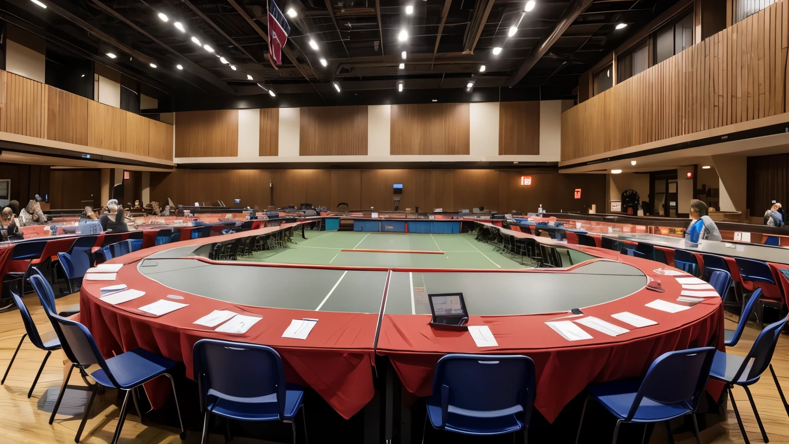 convention, tables, games, people, large building