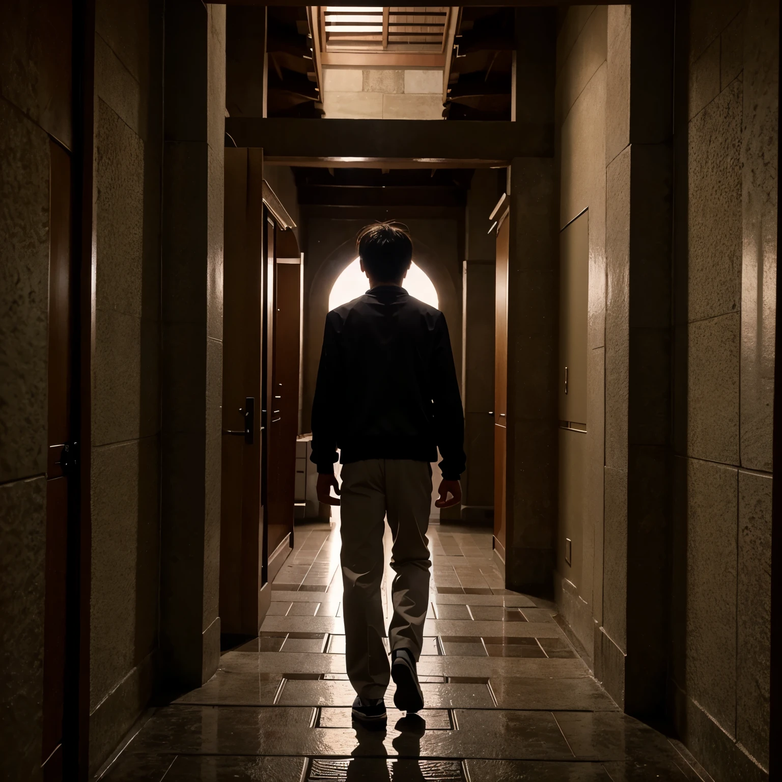 Image of an anime young man going to dawn prayer