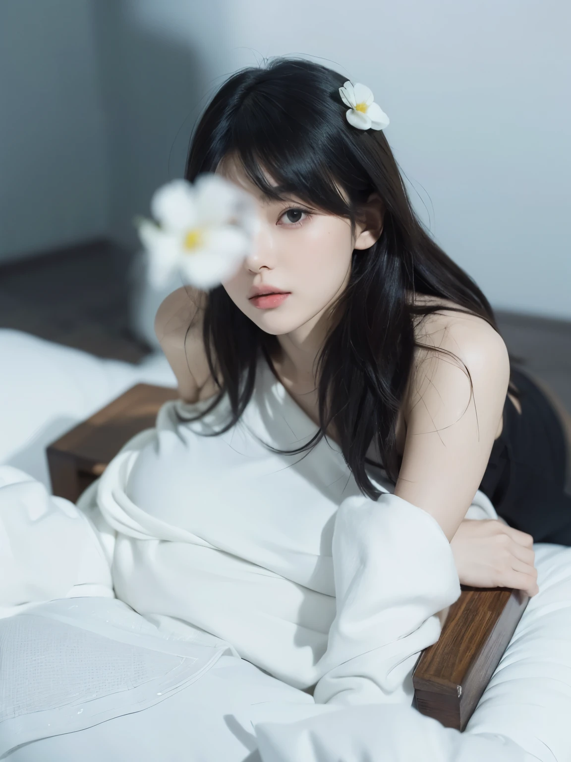 (Best quality, 8k, 32k, Masterpiece, UHD:1.2) "Generate a captivating artwork featuring a young Japanese girl model with short, sleek black hair styled in a chic bob haircut. Envision her bathed in dramatic cinematic lighting, creating an atmosphere of allure and mystery. Emphasize a romantic aesthetic vibe, showcasing the model in a poised and elegant pose that evokes a sense of intimacy and sophistication. Utilize warm and soft tones to enhance the romantic ambiance, and consider incorporating elements like flowing fabrics or flowers to add a touch of ethereal beauty. Capture the essence of romance and beauty through the model's expression, the play of light and shadows, and the overall aesthetic, creating a visually compelling and emotionally resonant piece." (perfect eyes), flawless skin, flawless face, cinematic, tight body, ((well-proportion female hands)), ((female hands with five digits)) ((Body is well proportioned)), ((chic bob haircut))
