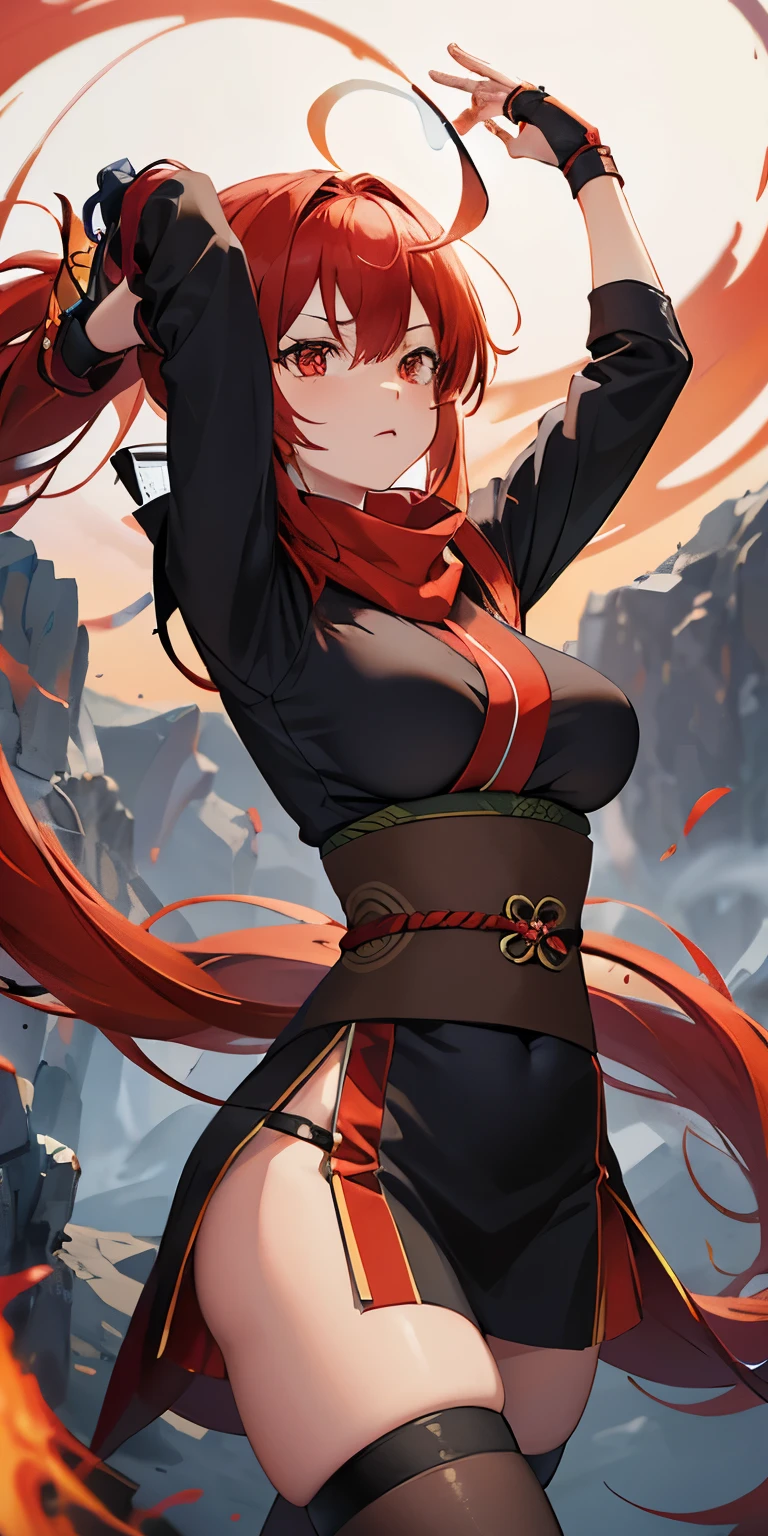 1girl, japanese ninja clothes, red scarf, long wild hair ,orange hair, red eyes, large breast, magic circle, red fire, red flames, wallpaper, landscape, blood, blood splatter, depth of field, night, light particles, light rays, sidelighting, thighs, fate \(series\), genshin impact, ****, open jacket, skirt, thighhighs, cloud