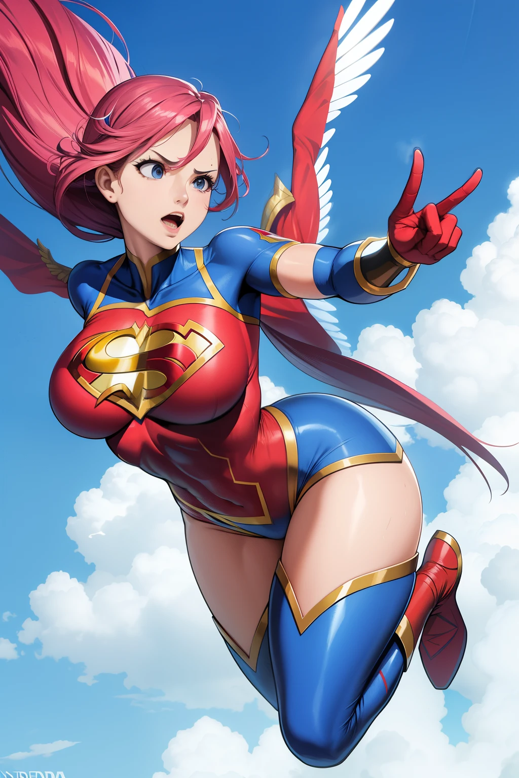 Super heroine woman flying, brava, irritada