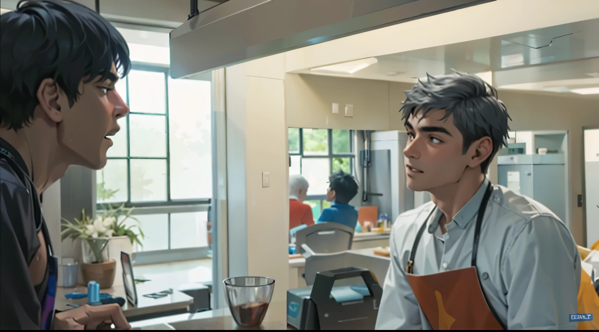 There are two 16 year old boys looking at each other and talking silver hair
