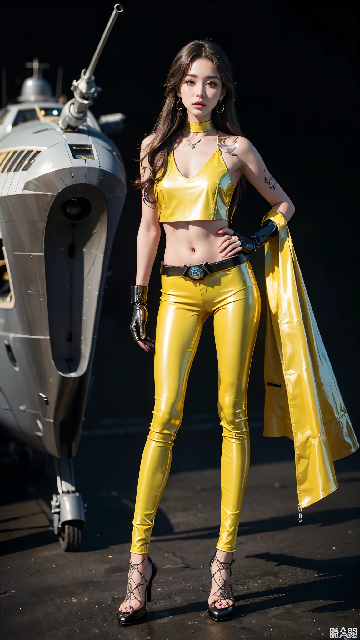 ((masterpiece:1.4)、(highest quality:1.4)、(realistic:1.7))、master piece:1.4、(Finest rendering:1.4)、(Beautiful girl navigator Yuki Mori of Space Battleship Yamato:1.4)、Super beautiful航海士森雪、(Written by Luis Royo:1.4)、(Uniforms that highlight your beautiful style:1.2)、(Futuristic sci-fi battle fashion:1.2)、(street style wear)、(tight fit pants)、(Luxurious shiny latex:1.4)、(luxury yellow latex:1.4)、19 years old、(cute tattoo:1.4)、(wearing yellow gloves)、cute girl、Super beautiful、(seductive pose)、sharp focus、portrait photography:1.4、8k、realistic photo images:1.4、(perfect female body:1.4)、perfect proportions、(standing:1.4)、(full body photography:1.4)、beautiful face、Fearless look、beautiful eyes、(A girl with a beautiful body that emphasizes her slender abdominal muscles)、narrow waist、(Beautiful girl with long legs and good style:1.4)、beautiful feet、(long hair:1.2)、dark makeup、eye shadow、Glow eye、glow lip、beautiful breasts、big breasts:1.2、sexy butt、(Standing facing the front:1.4)、Raw photo、red lips、Yellow high heels:1.4、choker:1.4、necklace:1.4、earrings:1.4、1 screen display、space battleship yamato bridge:1.2