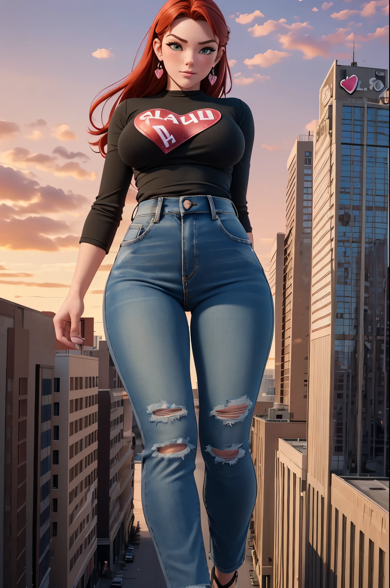 Giantess art, size art, (Attack of the 50 foot woman inspired), (8k, RAW photo, best quality, masterpiece:1.2), (intricate details), perfect eyes, perfect face, perfect lighting, beautiful, (masterpiece:1.2), (best quality:1.2), 1girl, solo, red hair, light freckles, green eyes, happy face, (massive H cup breasts), wide hips, extreme hourglass figure, Too Tall, ((((50 feet tall)))), long torso, (distressed jeans, t-shirt), full body, scenic outdoor photo, Towering over a small town, romantic vibe, pin up, 3DMM, ((((Valentines Day))))