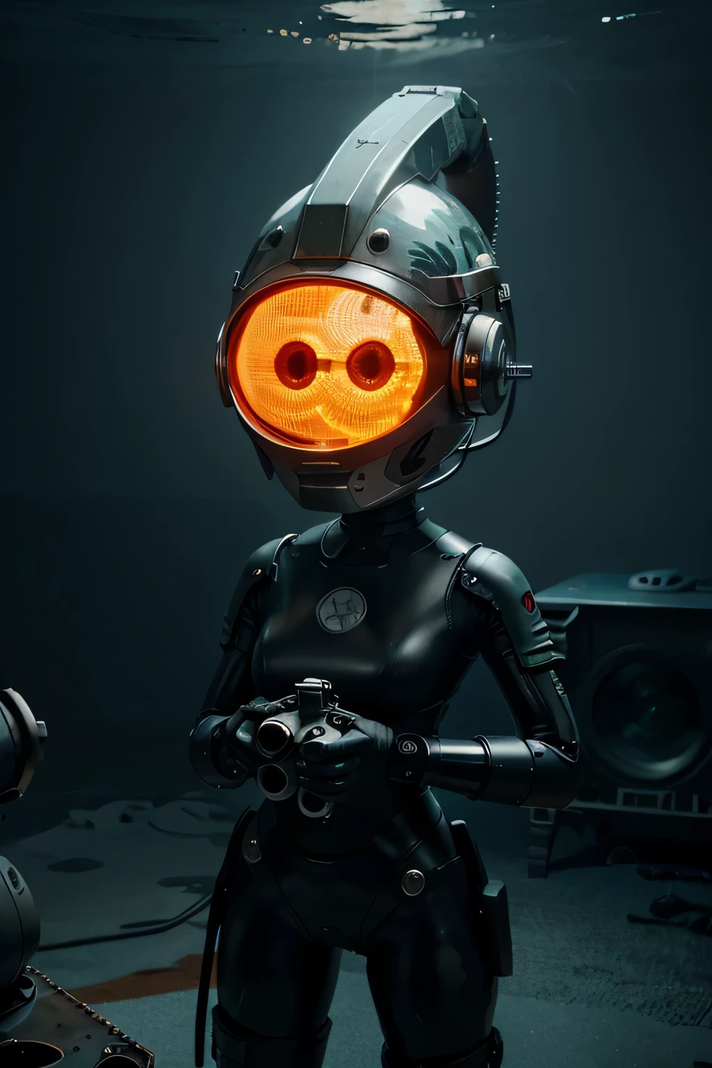 Un dibujo animado plano moderno Loco con un Big ONE, un robot con un solo ojo y un estilo de casco., pinzas en las manos, television head, cabeza de alfiler, camuflaje rojo oxidado, Super detailed ocean environment., centro, hermoso, soft lighting, centrado en el personaje, 4k resolution, renderizado fotorrealista.