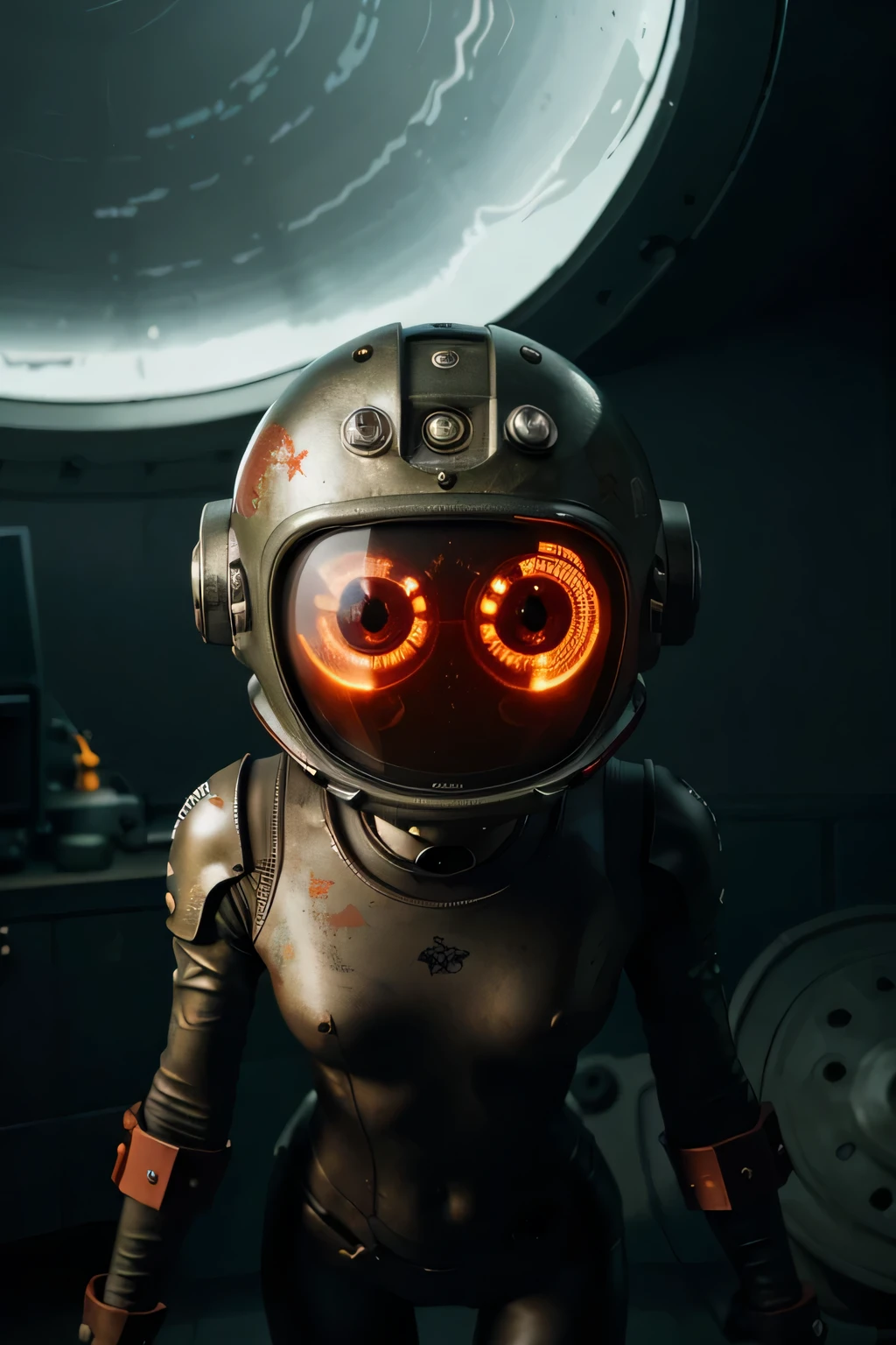 Un dibujo animado plano moderno Loco con un Big ONE, un robot con un solo ojo y un estilo de casco., Pinzas en las manos, Cabeza de TV, cabeza de alfiler, camuflaje rojo oxidado, Super detailed ocean environment., centro, hermoso, Soft lighting, Centrado en el personaje, 4k resolution, photorealistic representation.