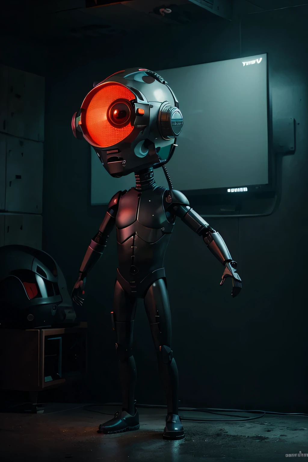 Un dibujo animado plano moderno Loco con un Big ONE, un robot con un solo ojo y un estilo de casco., pinzas en las manos, television head, cabeza de alfiler, camuflaje rojo oxidado, Super detailed ocean environment., centro, hermoso, soft lighting, centrado en el personaje, 4k resolution, renderizado fotorrealista.