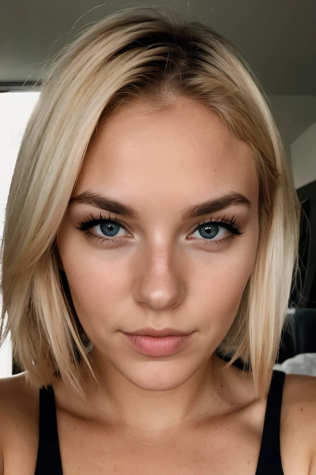 white northerner with platinum blonde hair, platinum subtle natural eyebrows and blue eyes. Fully dressed, vulgar neckline. No make up, selfie in the room. super realistic and detailed