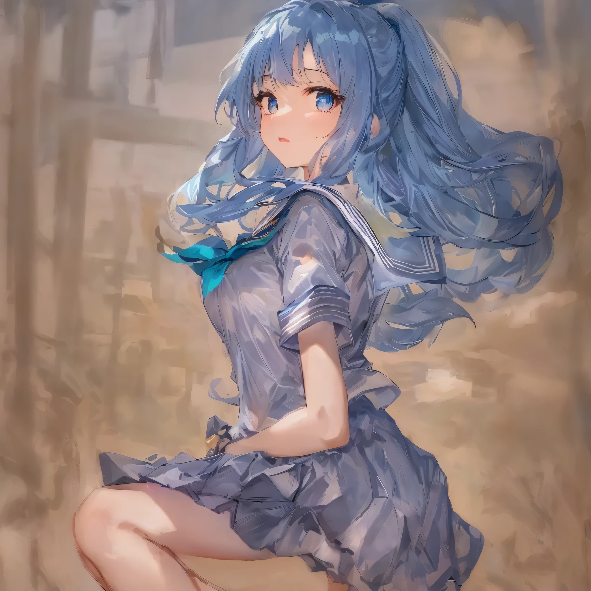 Super detailed,masterpiece, highest quality,shape,sailor suit,slanted eyes,straight hair,blue hair,side part,super dense skin,beautiful and detailed eyes,short sleeve shirt,blue eyes,(medium breasts:1.1), (A raised and well-defined bust:1.1), (lifted chest:1.2), (perky chest :1.1),high School girl,Please sit down,high socks,loafers,School,BREAK catch light eyes,Wind,garden,ponytail