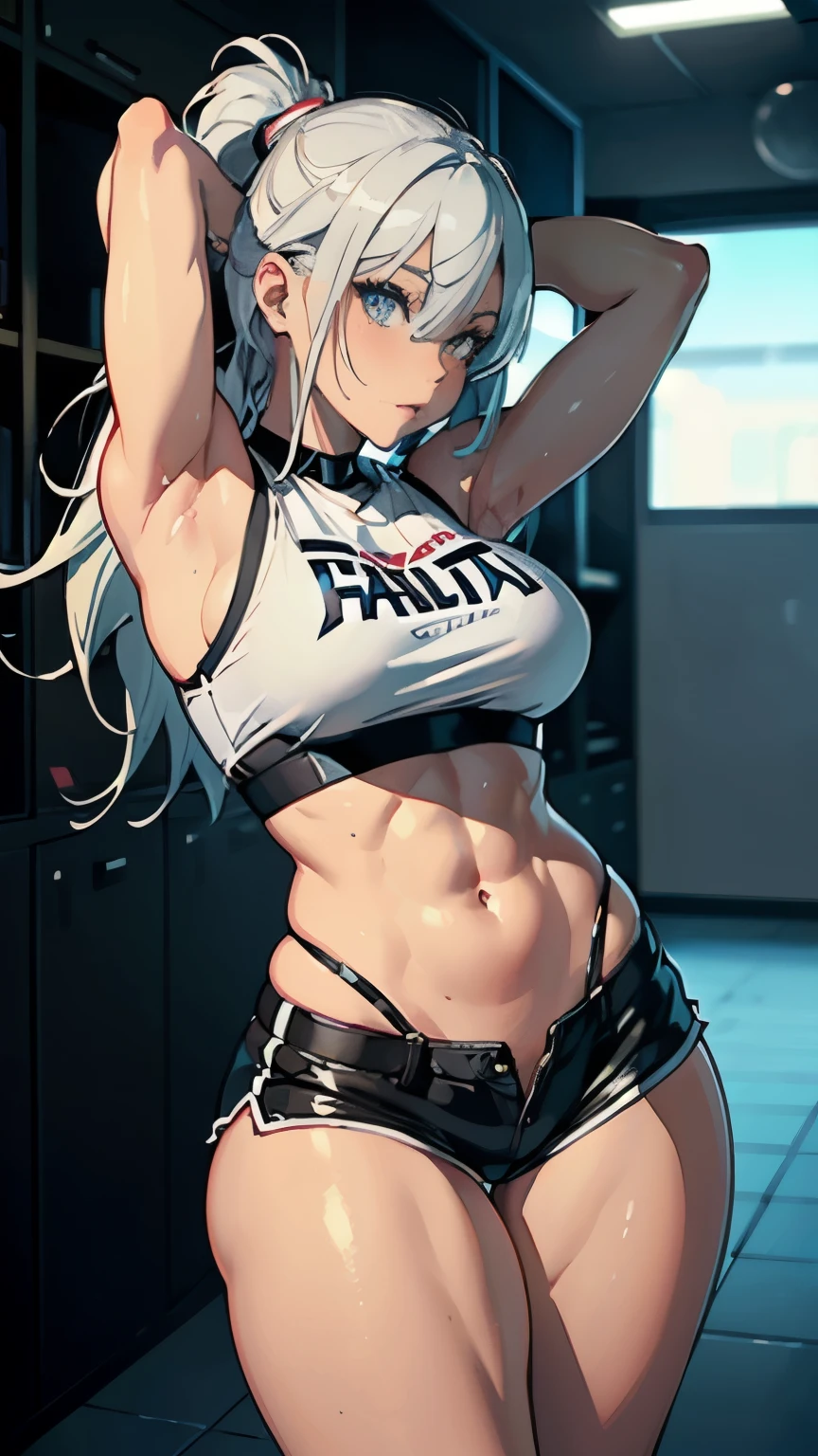 (masterpiece), best quality, perfect face, silver hair, long hair, short leather shorts, sweat, bikini, thick legs, fitness, beach, wide hips, breast,abs, office