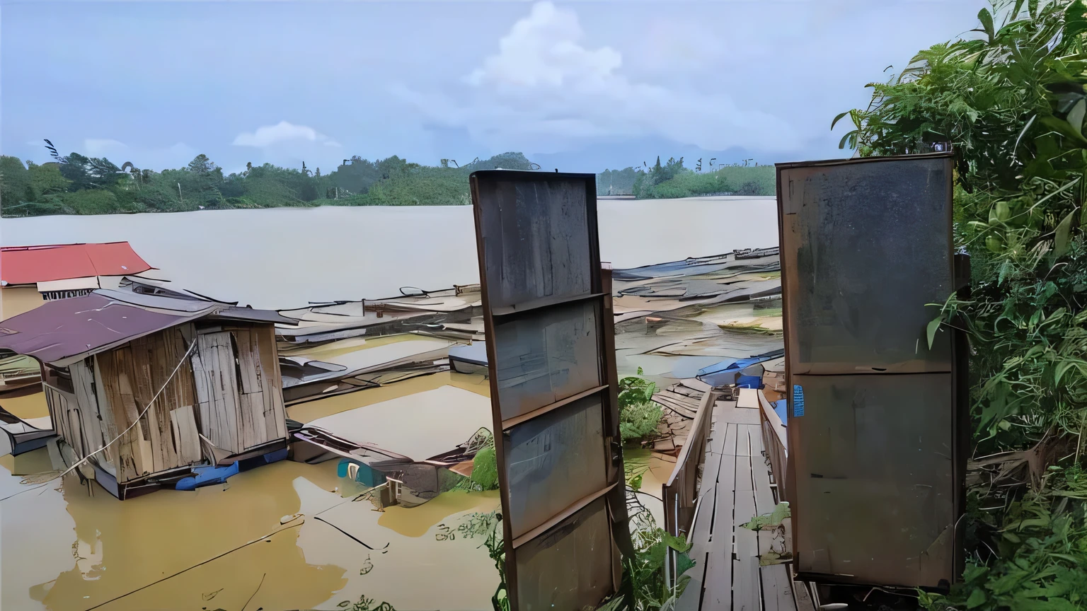 there is a wooden walkway going up to a small house, floating fishing hut, subsiding fishing village, wide angle river, youtube video screenshot, completely flooded, photo taken in 2 0 2 0, video still, trailer, bad looking, the river is flowing its way, low quality video, fierce - looking, unbelievably beautiful, low camera angle at water level