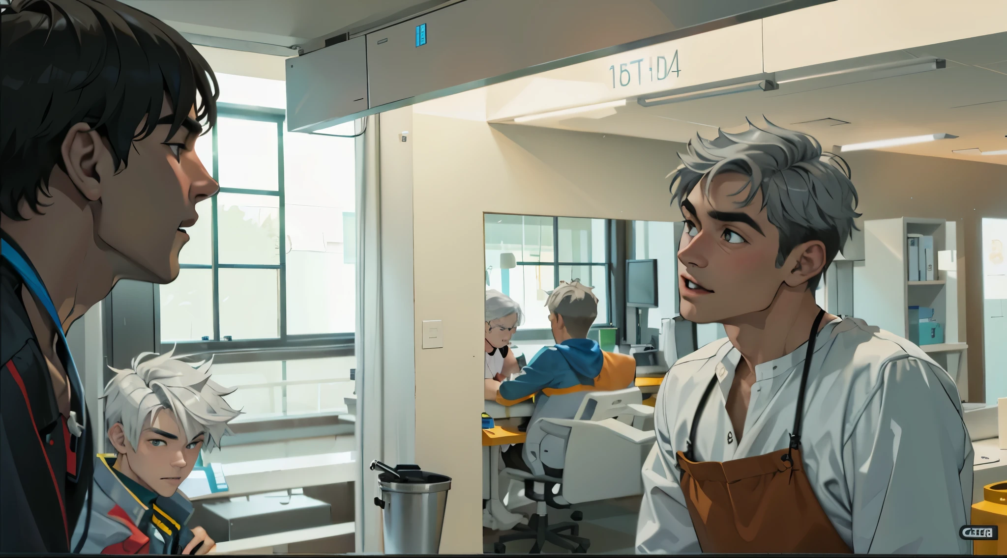 There are two cute 14 year old boys looking at each other and talking, silver hair.