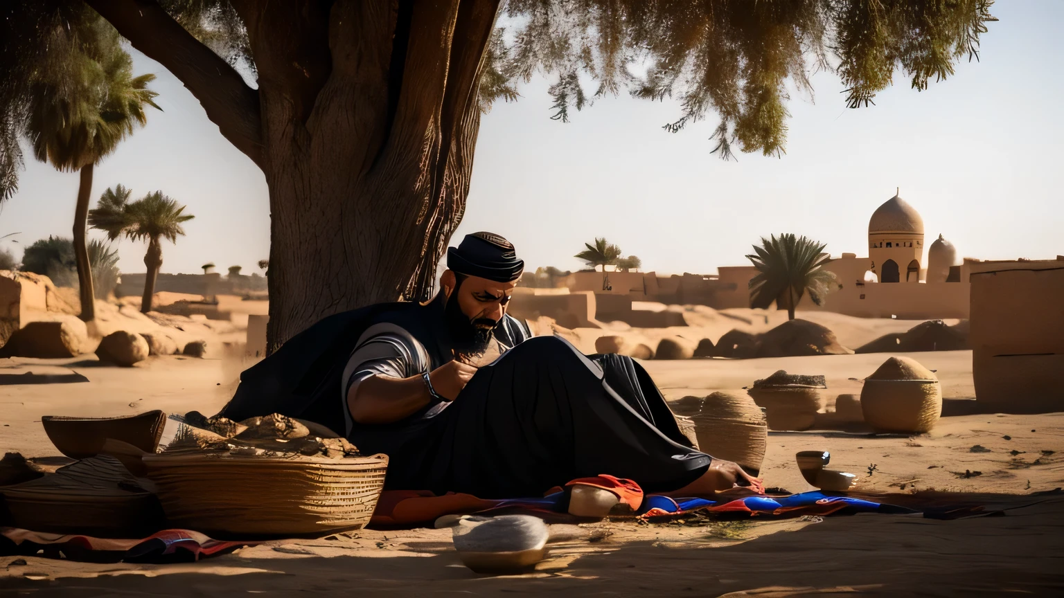 the moment an arabic merchant throwing away the date pits while resting under a tree alone after a hard day and he is wearing heavy clothes