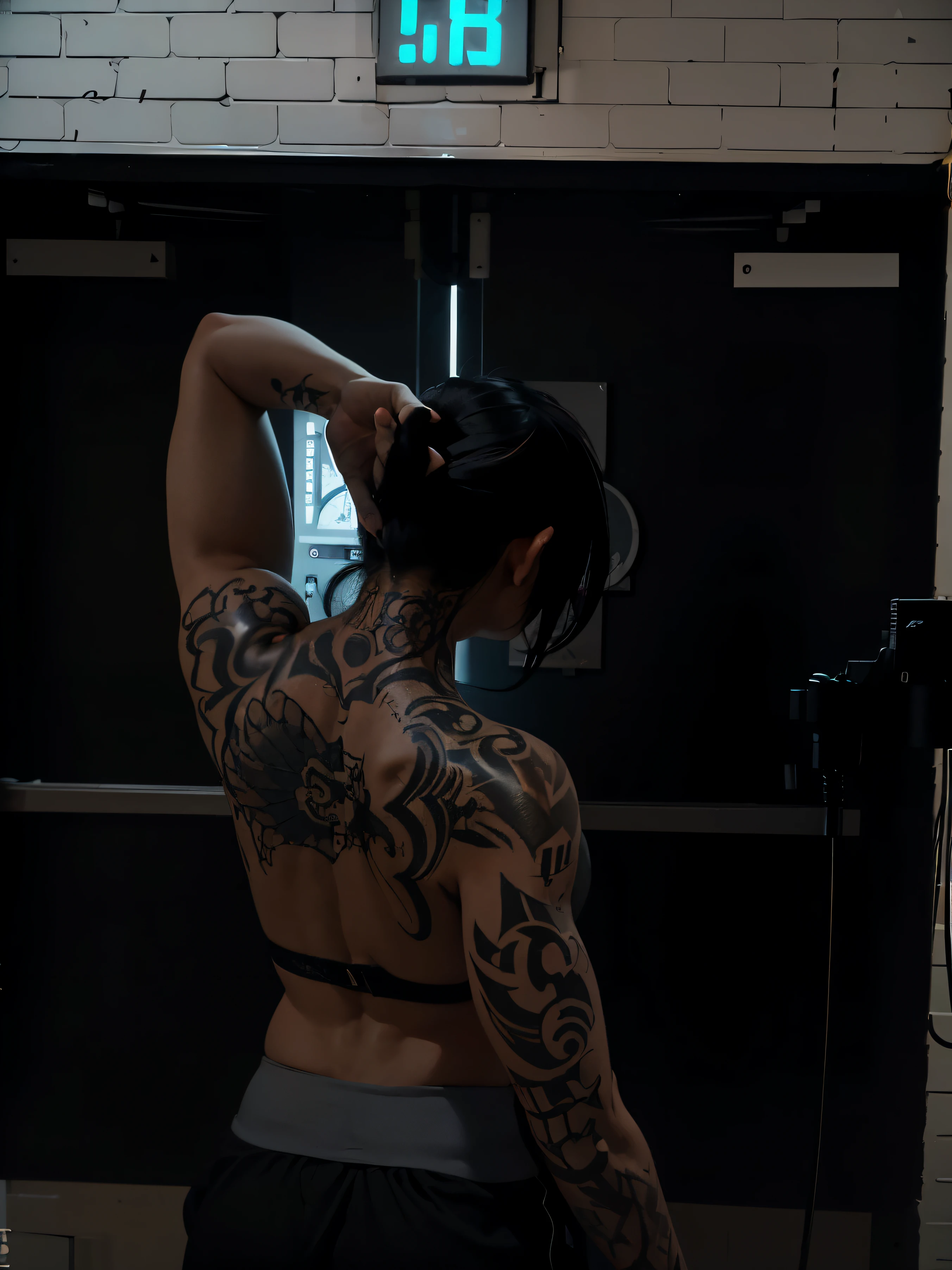 there is a woman with tattoos on her back and a clock on the wall, shot from the back, showing her shoulder from back, back to camera, cinematic goddess body shot, cinematic body shot, from the back, turned back to camera, view from the back, inked, posing and flexing, tattooed back, full growth from the back, back pose, from back