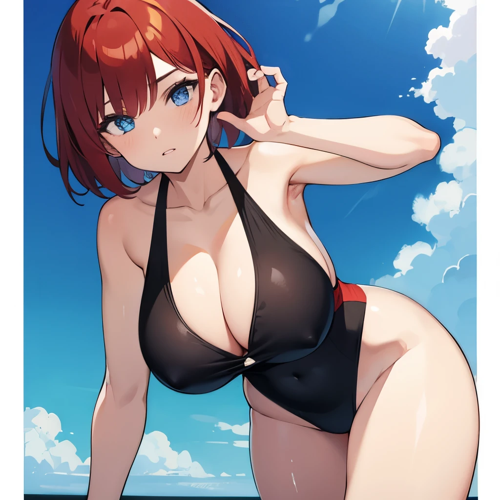 girl, short red hair, highlights, black, blue eyes, big breasts, swimsuit