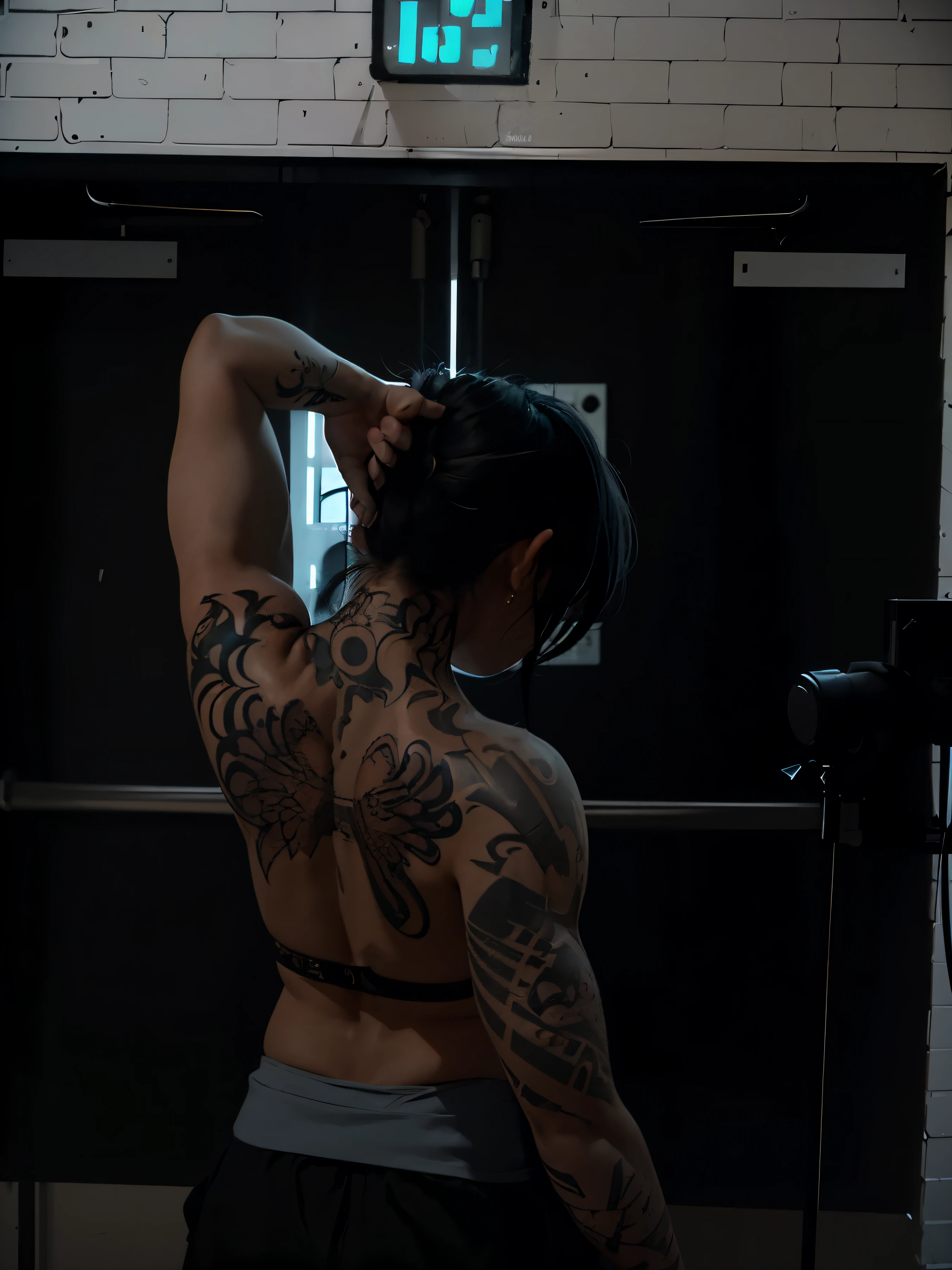 there is a woman with tattoos on her back and a clock on the wall, shot from the back, showing her shoulder from back, back to camera, cinematic goddess body shot, cinematic body shot, from the back, turned back to camera, view from the back, inked, posing and flexing, tattooed back, full growth from the back, back pose, from back