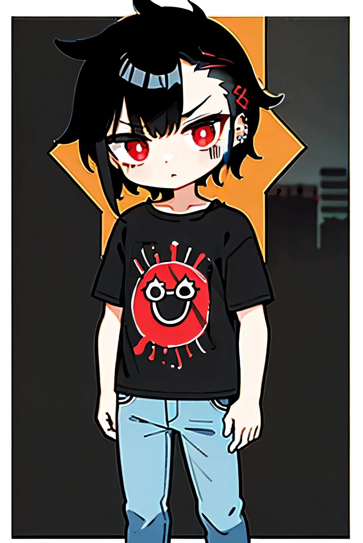 SD, 2d, chibi, 1boy, emo, piercing, mad, metalcore, skrillex, mohawk black hair, red eyes, wearing plain black shirt, denim jeans, city, absurdres, high res, ultrasharp, 8K, masterpiece, looking at viewer
