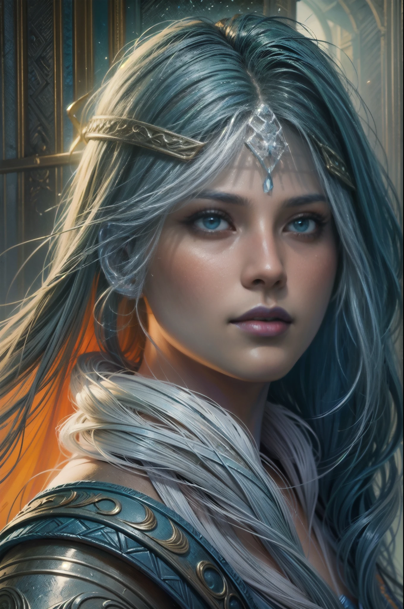 )fantasy art, dnd art, RPG art, wide shot, (masterpiece: 1.4) a (portrait: 1.3) intense details, highly detailed, photorealistic, best quality, highres, portrait a vedalken female (fantasy art, Masterpiece, best quality: 1.3) ((blue skin: 1.5)), intense details facial details, exquisite beauty, (fantasy art, Masterpiece, best quality) cleric, (blue colored skin: 1.5) 1person blue_skin, blue skinned female, (white hair: 1.3), long hair, intense (green: 1.3) eye, fantasy art, Masterpiece, best quality) armed a fiery sword red fire, wearing heavy (white: 1.3) half plate mail armor, wearing high heeled laced boots, wearing an(orange :1.3) cloak, wearing glowing holy symbol GlowingRunes_yellow, within fantasy temple background, reflection light, high details, best quality, 16k, [ultra detailed], masterpiece, best quality, (extremely detailed), close up, ultra wide shot, photorealistic, RAW, fantasy art, dnd art, fantasy art, realistic art,((best quality)), ((masterpiece)), (detailed), perfect face