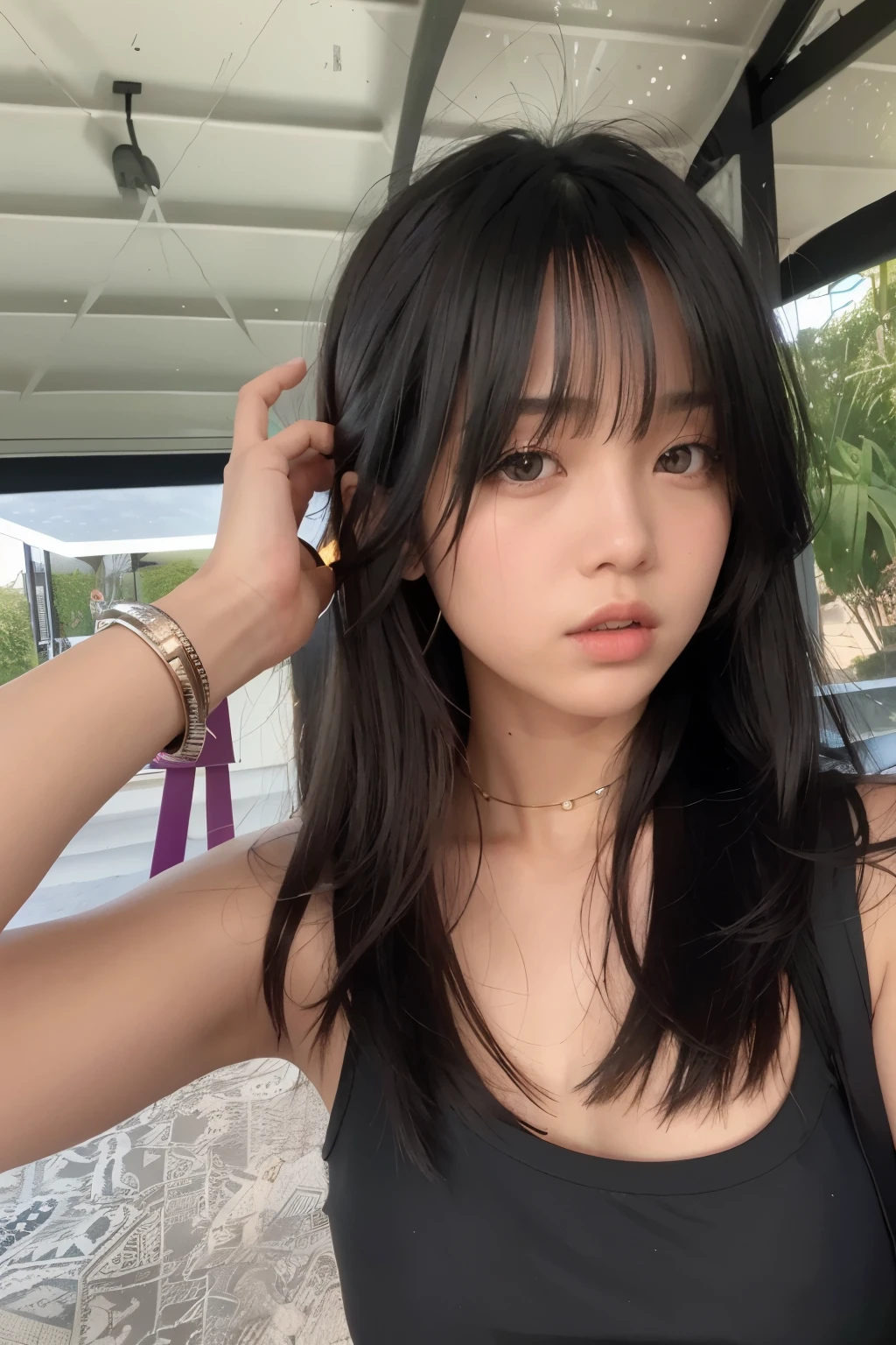 There is a woman standing in front of a building, con flequillo, she has black hair con flequillo, con flequillo completo, neat hair con flequillo, long hair con flequillo, flequillo esponjoso, long black hair con flequillo, long hair con flequillo completo, flequillo negro, Lalisa Manobal, flequillo recto, flequillo de cortina, flequillo contundente cae sobre su frente