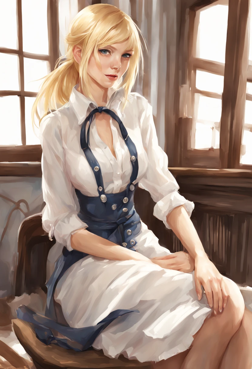Create a realistic illustration of a girl's masterpiece, best quality, High Resolution, Hayasaka KI, Allein, blondes Haar, , blaue Augen, seitlicher Pferdeschwanz, Haargummi, Haarverzierung, blaues Haargummi, dress, apron, Haare zwischen den Augen, Breasts, long sleeve, Pony, White shirt, Schwarzes Kleid, Seitenlocken, Schwarze Strumpfhose, Cowboy-Schuss,