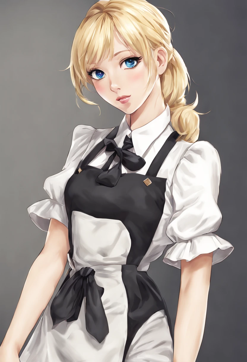 Create a realistic illustration of a girl's masterpiece, best quality, High Resolution, Hayasaka KI, Allein, blondes Haar, , blaue Augen, seitlicher Pferdeschwanz, Haargummi, Haarverzierung, blaues Haargummi, dress, apron, Haare zwischen den Augen, Breasts, long sleeve, Pony, White shirt, Schwarzes Kleid, Seitenlocken, Schwarze Strumpfhose, Cowboy-Schuss,